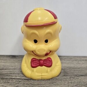 Vintage 1950's Celluloid Kitsch Pig Cookie Jar,‎ Yellow w/ Red Hat And Tie Lid